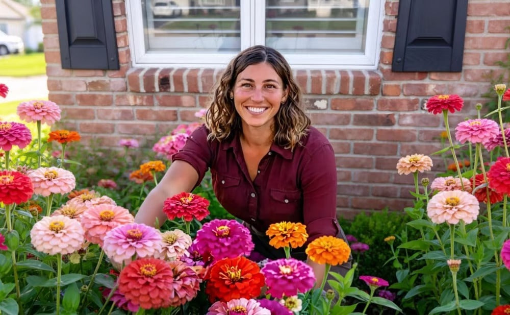 A Woman Smiles in a Garden of Zinnia Flowers