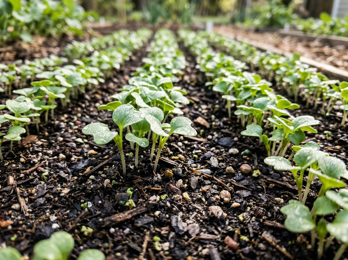 Volunteer seedlings emerging in an established bed