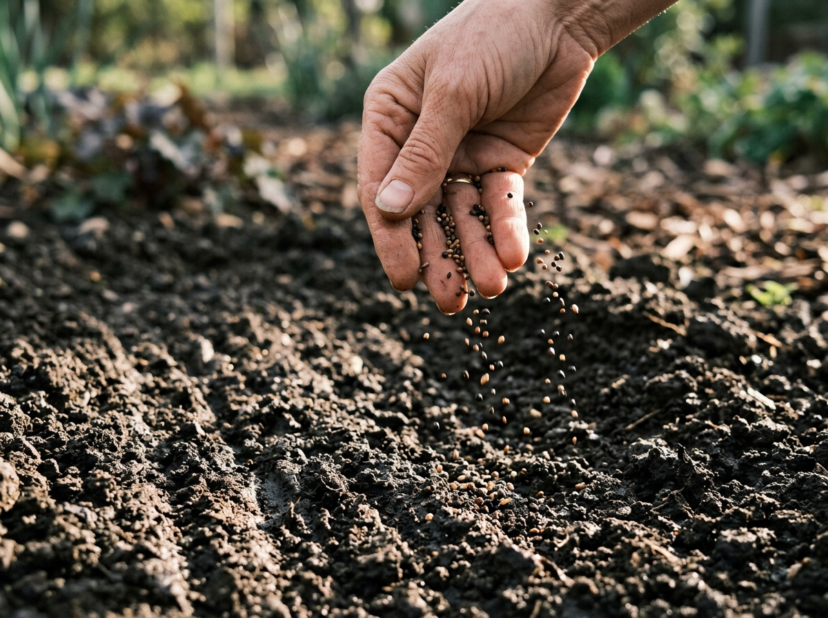 Hand scattering seed over prepared soil