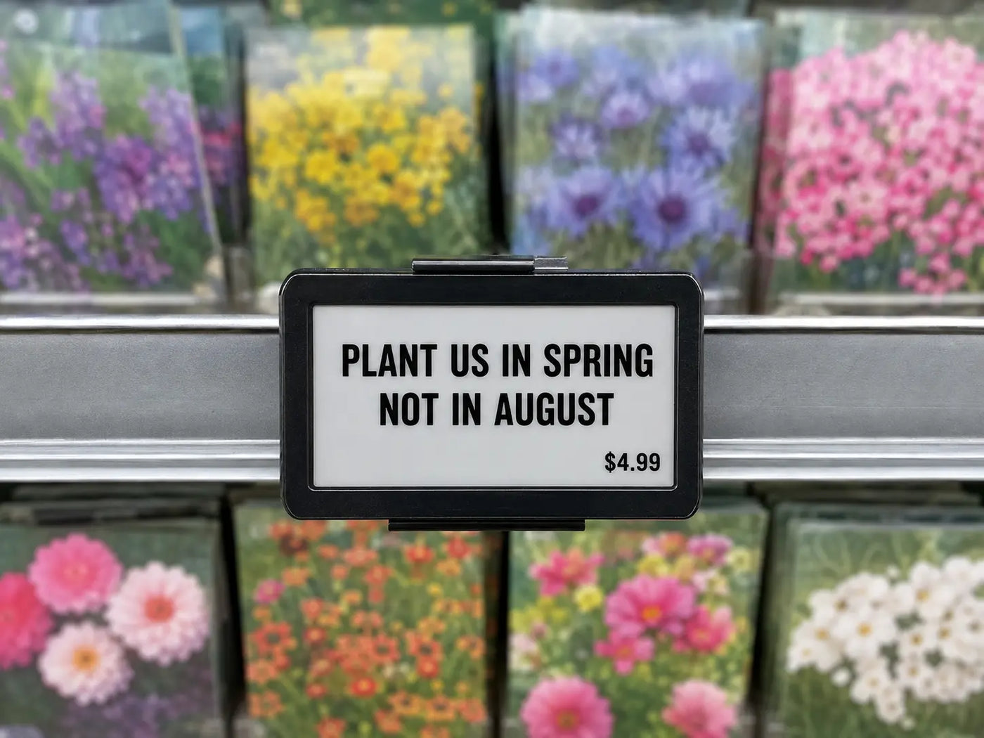 An open seed pack beside a calendar, days-to-bloom being counted by hand