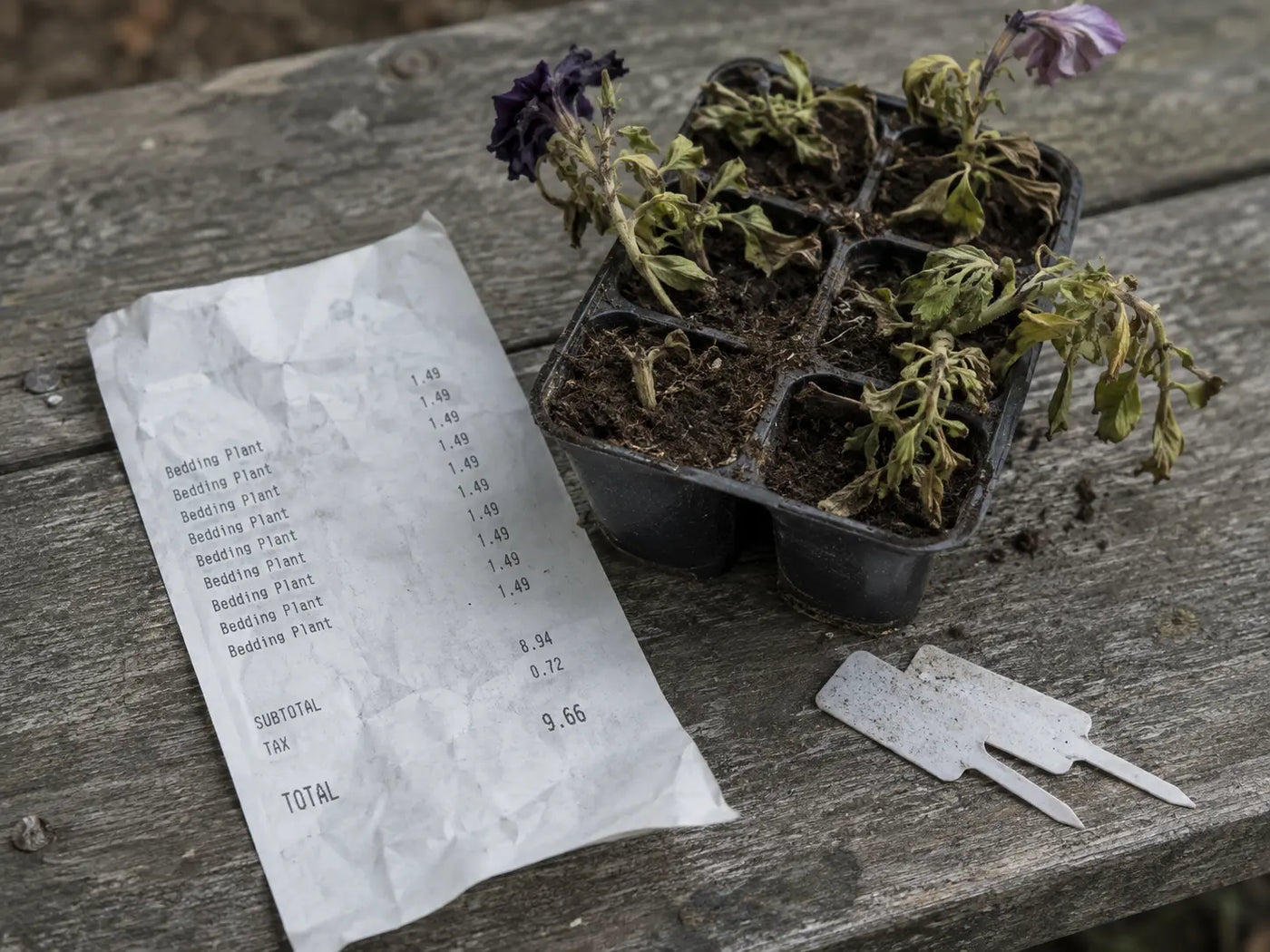 Receipt or price tags beside wilting garden center flowers