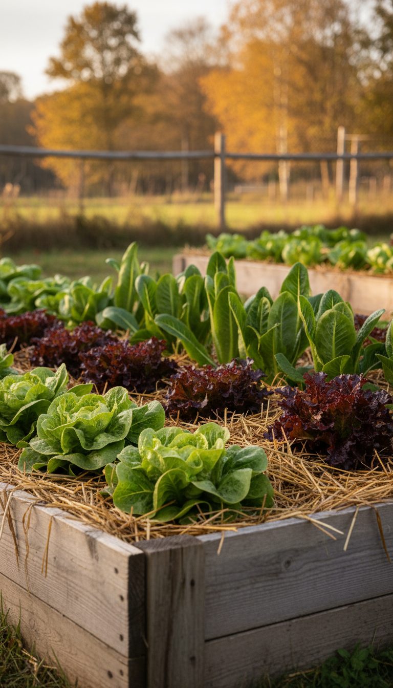 Fall raised bed with butterhead, romaine, and red oakleaf lettuce mulched with straw