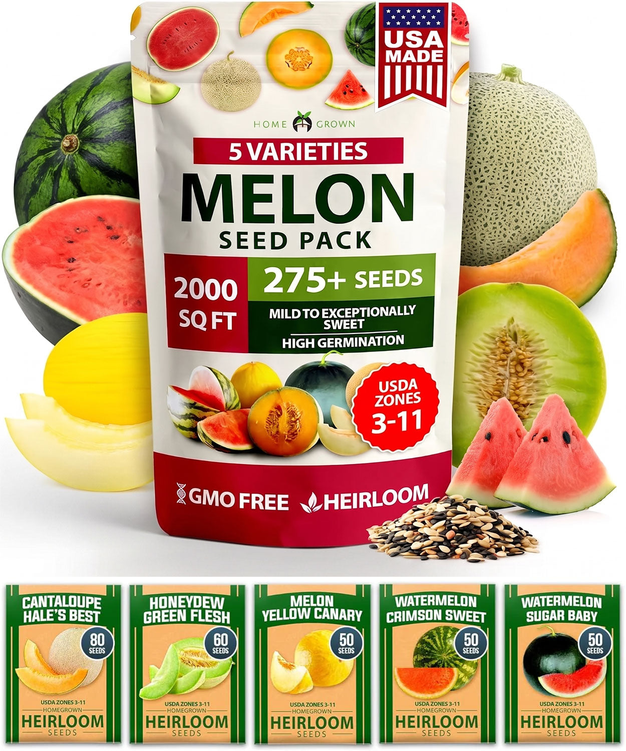 Heirloom Melon Seeds Variety Pack – 200+ Non-GMO Seeds of 5 Sweet Melon Types for Home Garden Growing