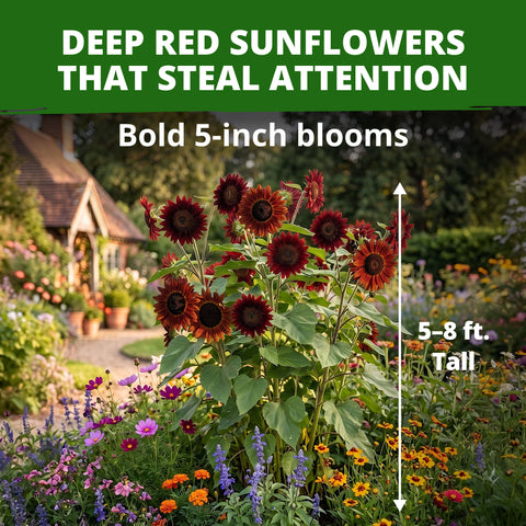 HOME GROWN Velvet Queen Sunflower 200 Seeds, Helianthus annuus, Heirloom Non-GMO, Russet Red Burgundy Blooms, 5–8 Ft Tall