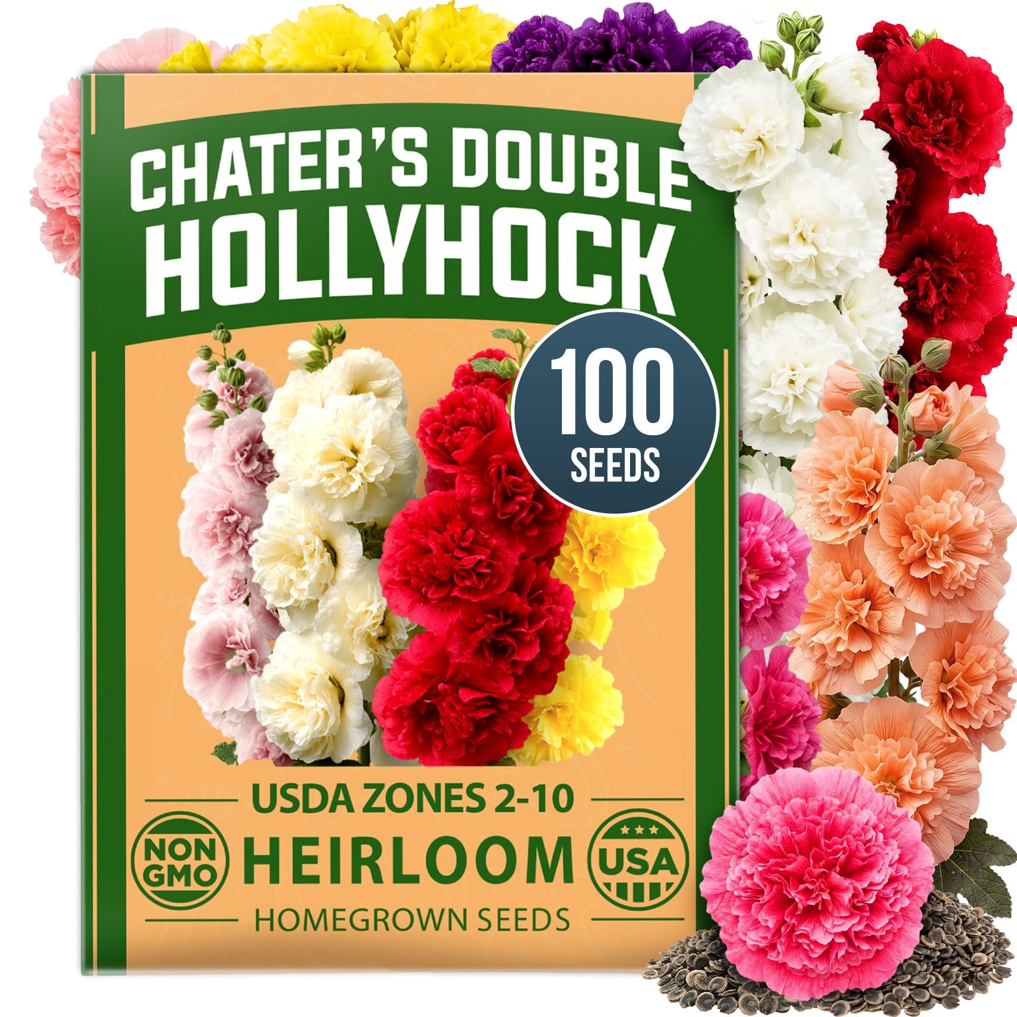 Chater's Double Hollyhock Seeds - 100 Seeds - 5-8 ft Double Blooms