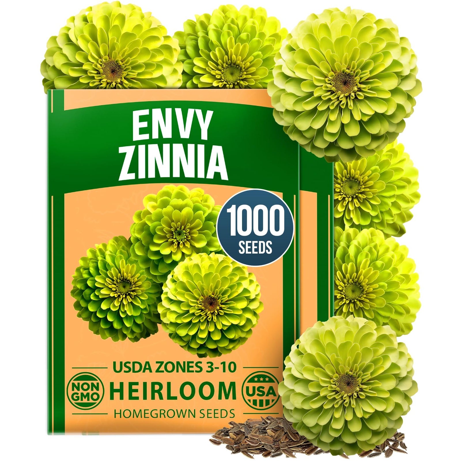 Envy Zinnia Seeds - 1,000 Seeds (2-Pack) - Rare Lime-Green Blooms