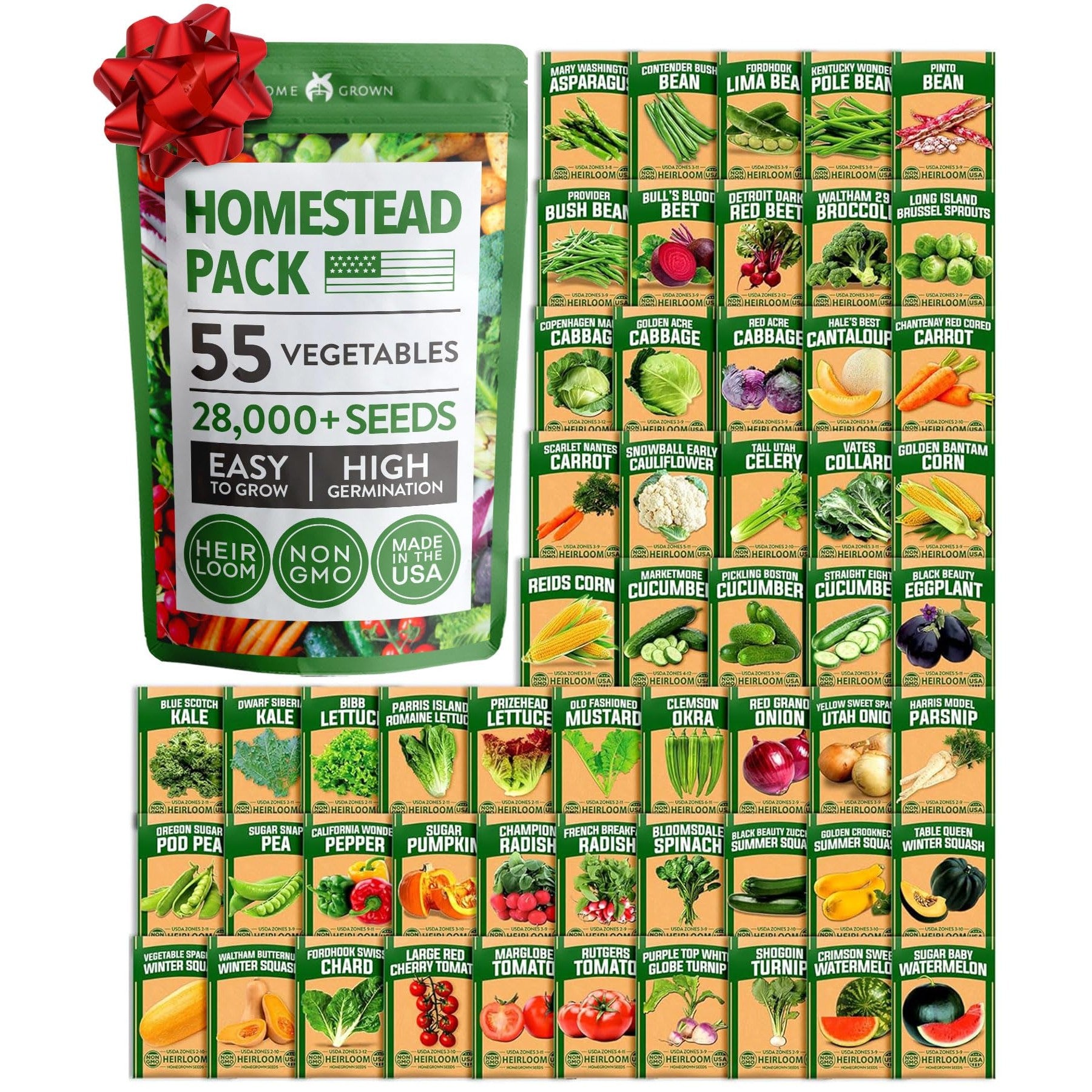 Heirloom Vegetable Seeds, 55 Variety Pack, 25,300+ ct - Homegrown