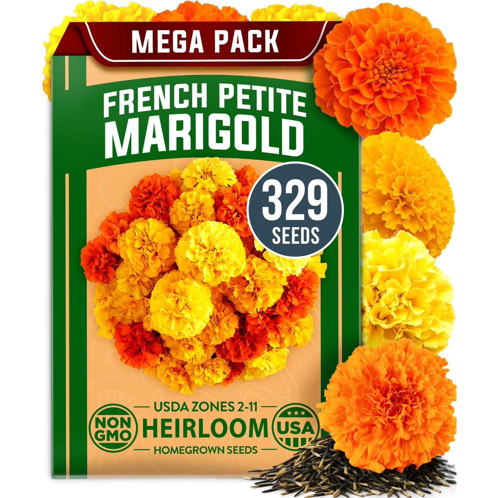 French Petite Marigold Seeds - 329 Seeds - Blooms in 45 Days