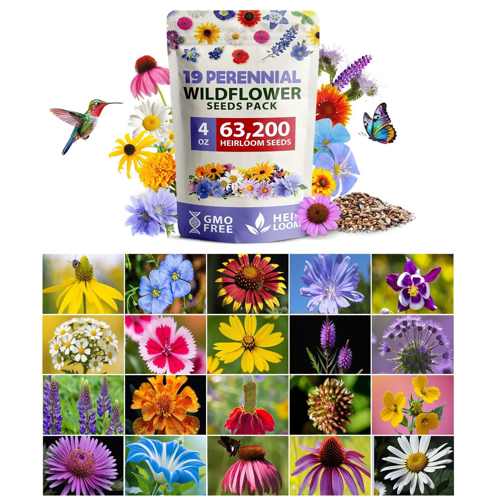 Perennial Wildflower Seed Mix - 25 Varieties (4 oz) - Covers ~500 Sq Ft