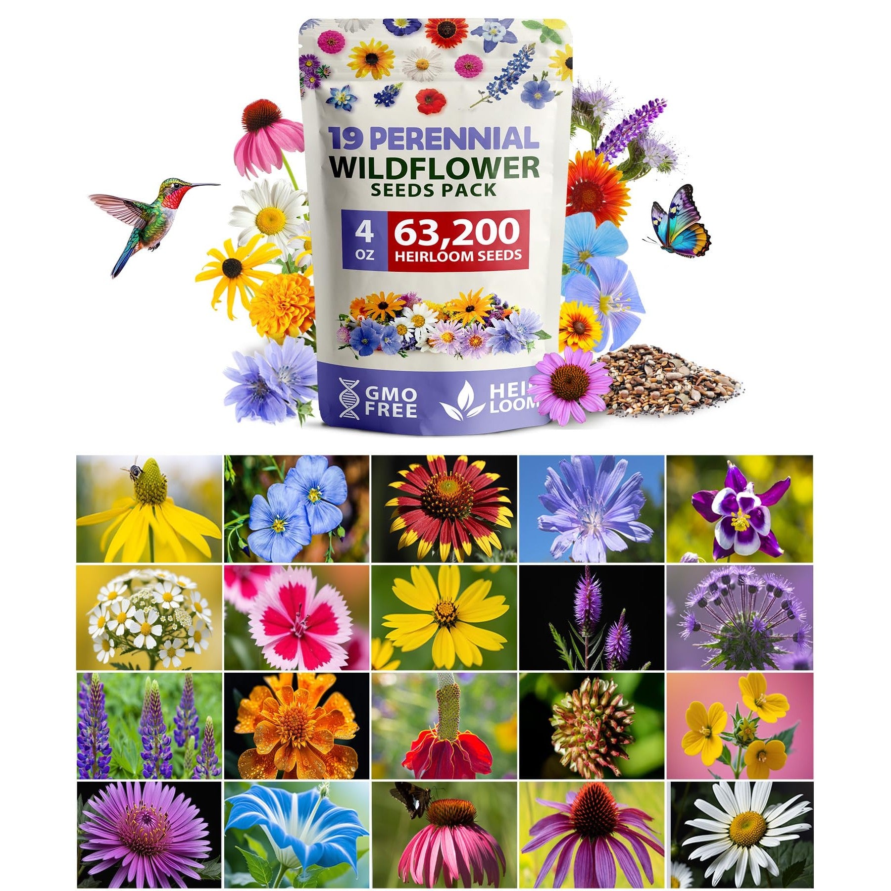 Perennial Wildflower Seed Mix - 25 Varieties (4 oz) - Covers ~500 Sq Ft