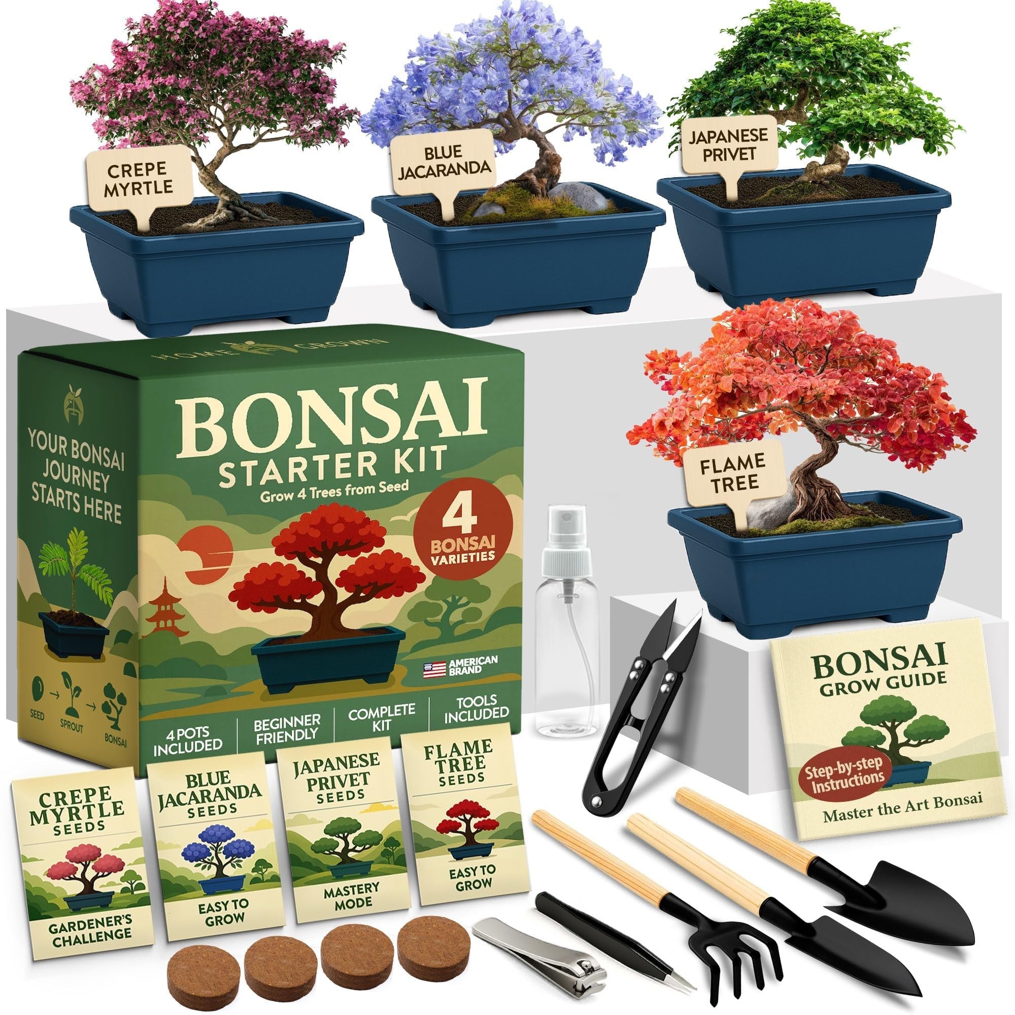 Bonsai Growing Kit - 4 Tree Varieties - Pots, Soil & Tools