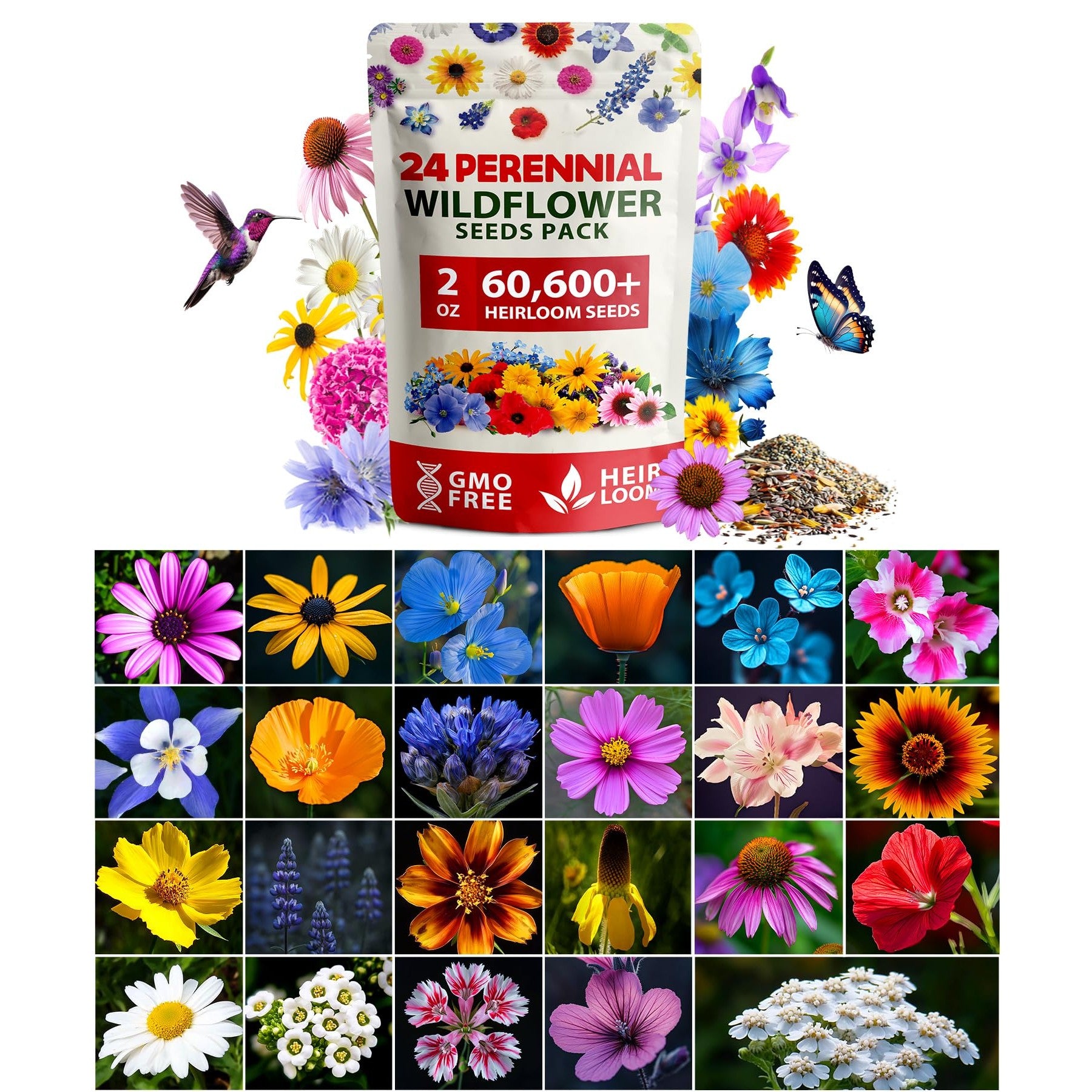 Perennial Wildflower Seed Mix - 60,600+ Seeds (2 oz) - 24 Varieties