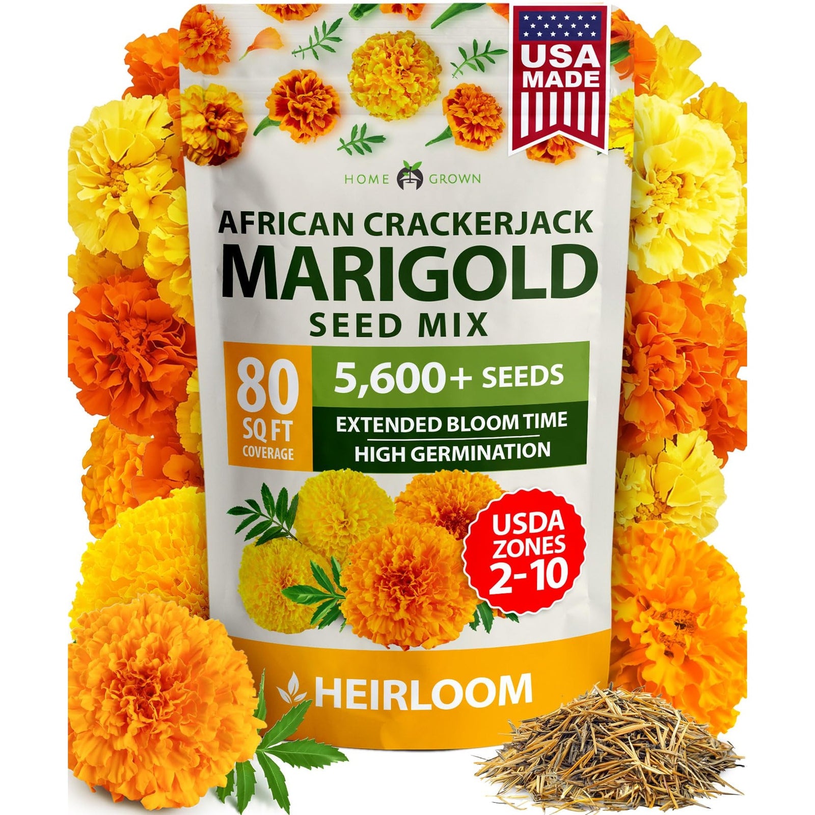 Crackerjack Marigold Seeds - 5,600 Seeds - Tall Orange & Gold Blooms
