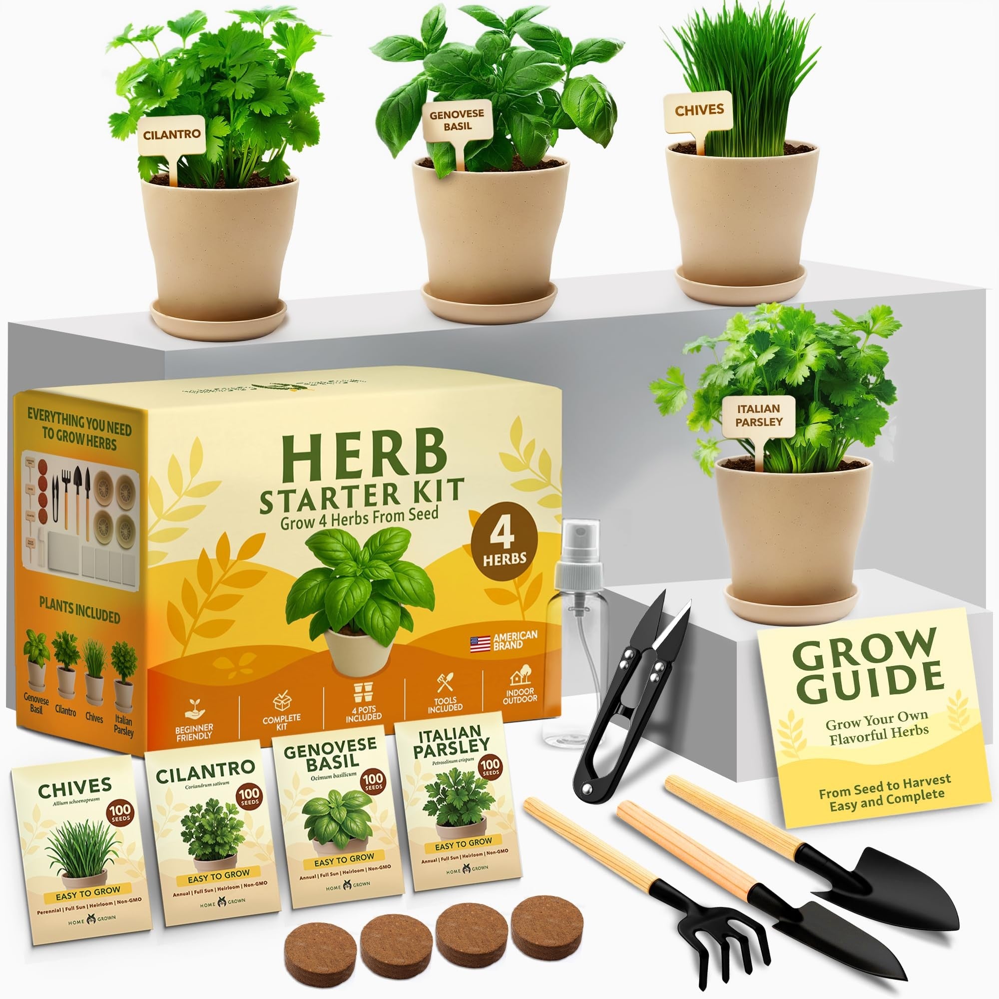 Indoor Herb Garden Kit - 4 Herb Varieties - Pots, Soil & Seeds
