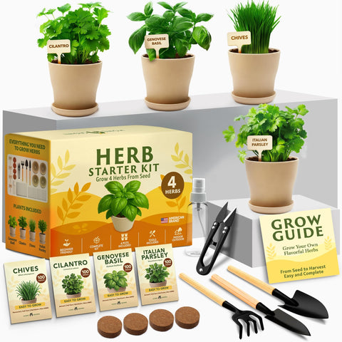 Indoor Herb Garden Kit - 4 Herb Varieties - Pots, Soil & Seeds