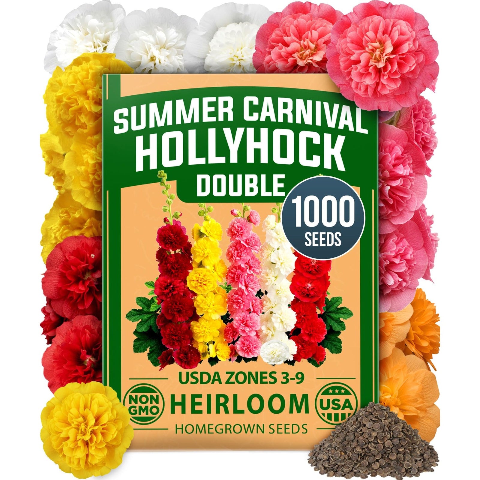 Carnival Giant Hollyhock Seeds - 1,000 Seeds - Tall Cottage Blooms