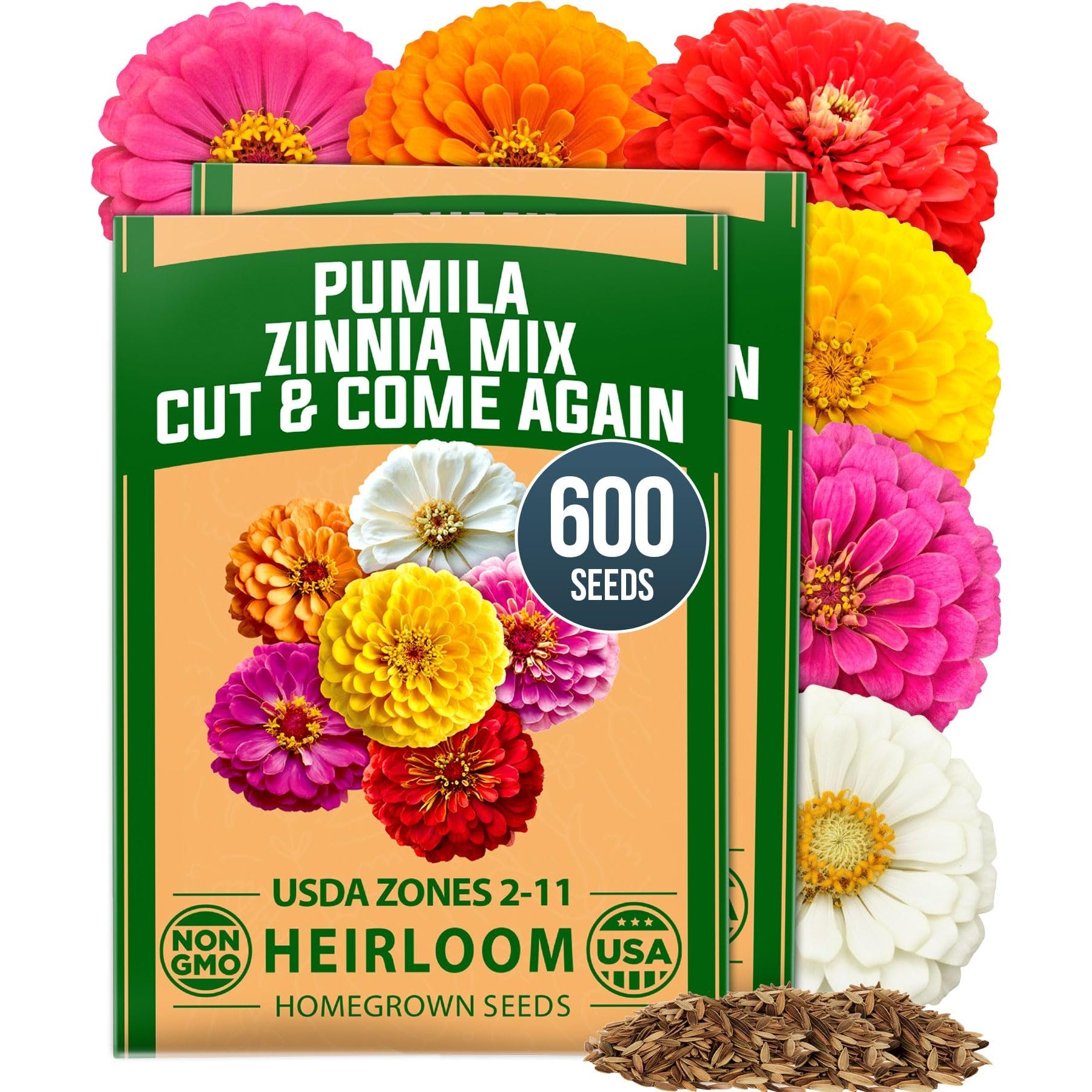 Dwarf Zinnia Seeds Mix - 600 Seeds (2-Pack) - Cut-and-Come-Again