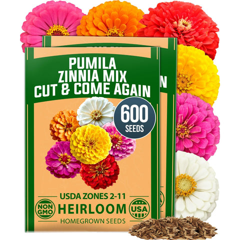 Dwarf Zinnia Seeds Mix - 600 Seeds (2-Pack) - Cut-and-Come-Again
