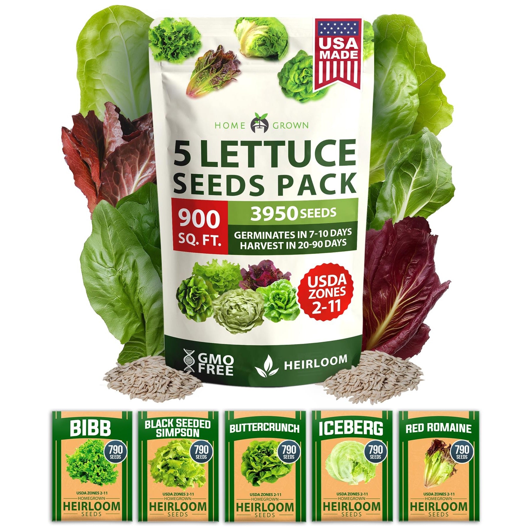 Lettuce Seed Pack - 5 Varieties (3,950 Seeds) - Salad Garden Mix