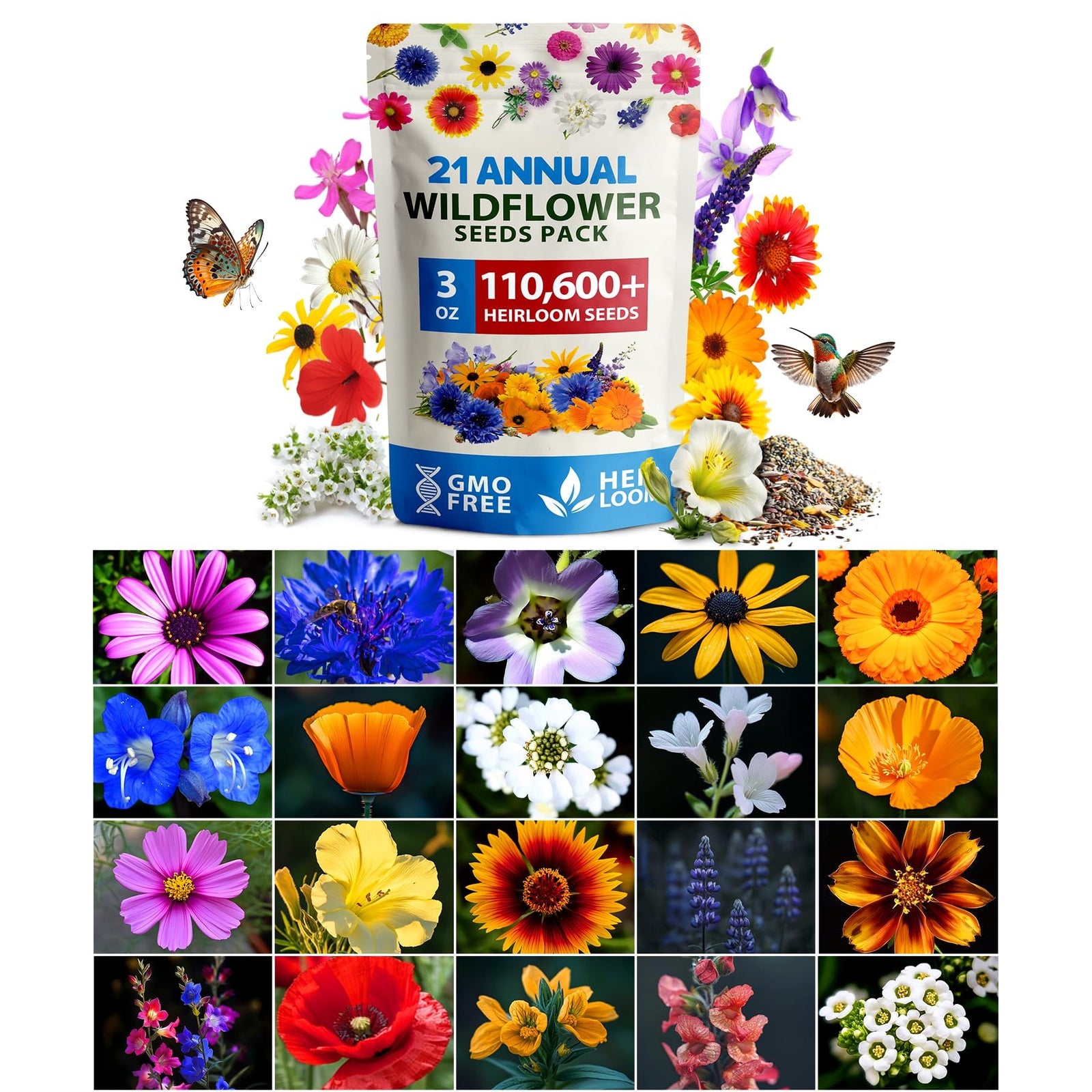 Annual Wildflower Seed Mix - 110,600+ Seeds (3 oz) - 21 Varieties