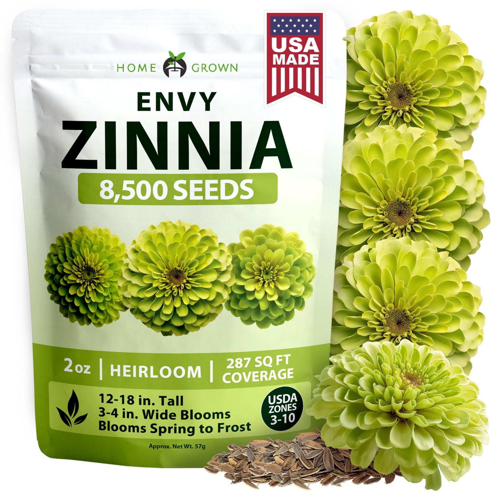 Envy Zinnia Seeds - 8,500 Seeds (2 oz) - Rare Lime-Green Blooms
