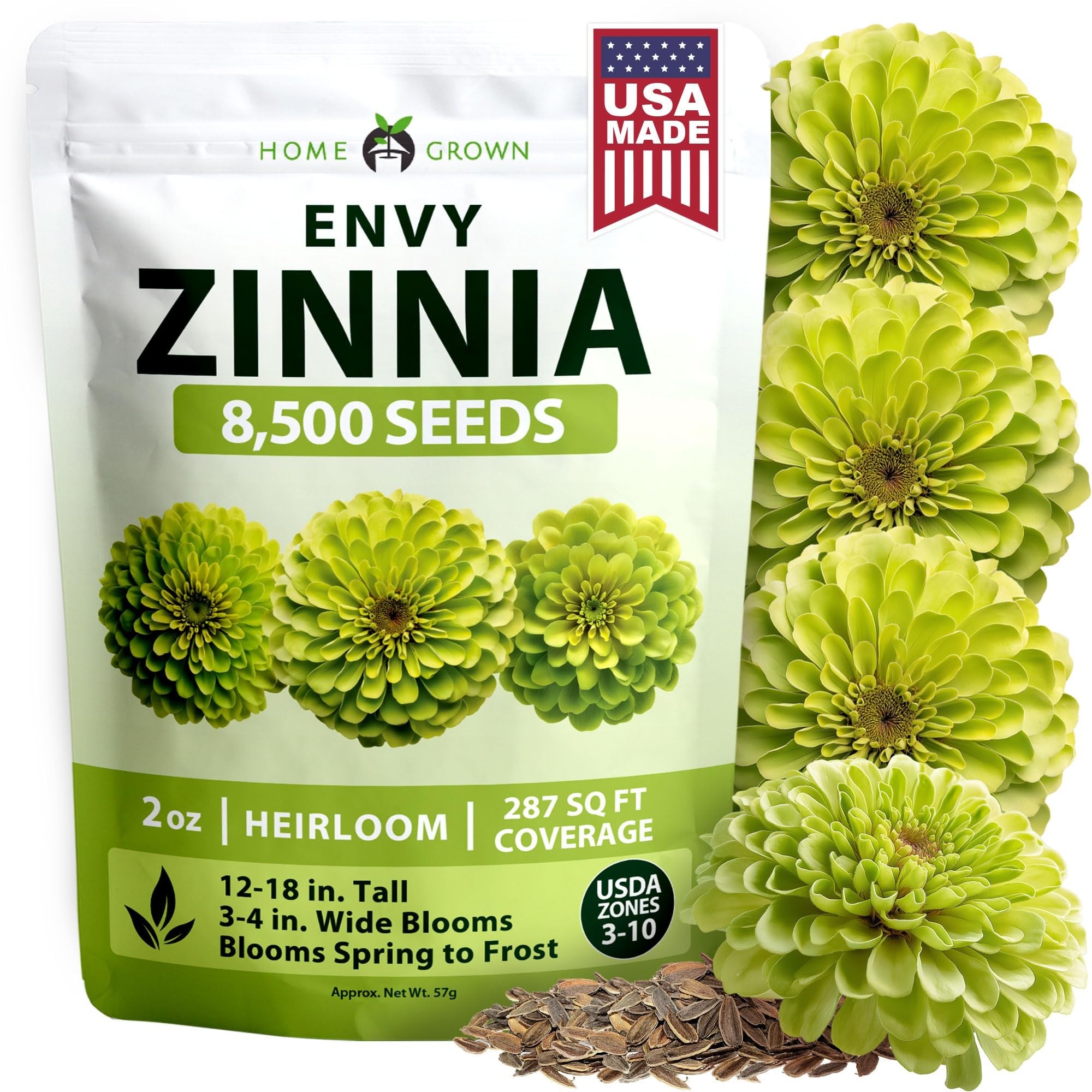 Envy Zinnia Seeds - 8,500 Seeds (2 oz) - Rare Lime-Green Blooms