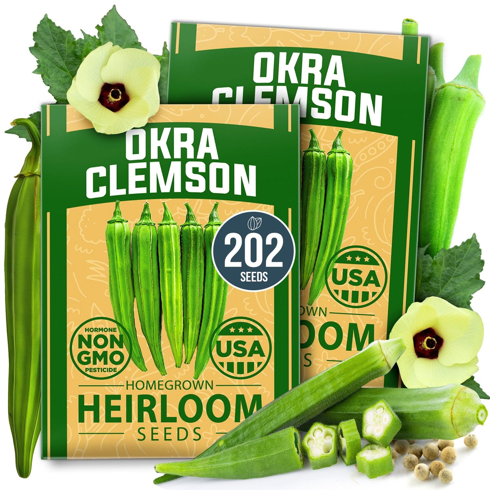 Clemson Spineless Okra Seeds - 202 Seeds (2-Pack) - Tender Pods