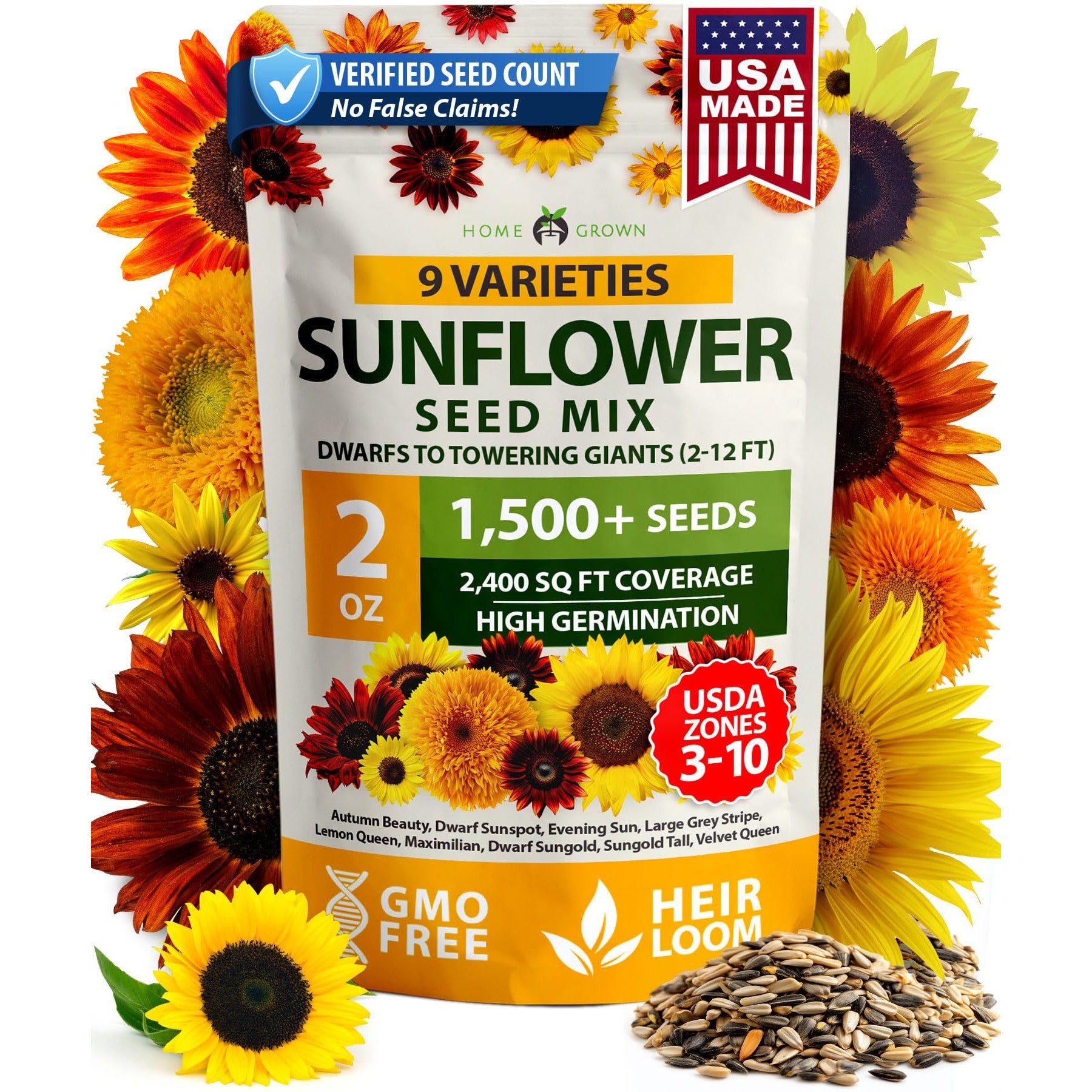 Mixed Sunflower Seeds - 1,500 Seeds - 9 Colorful Varieties