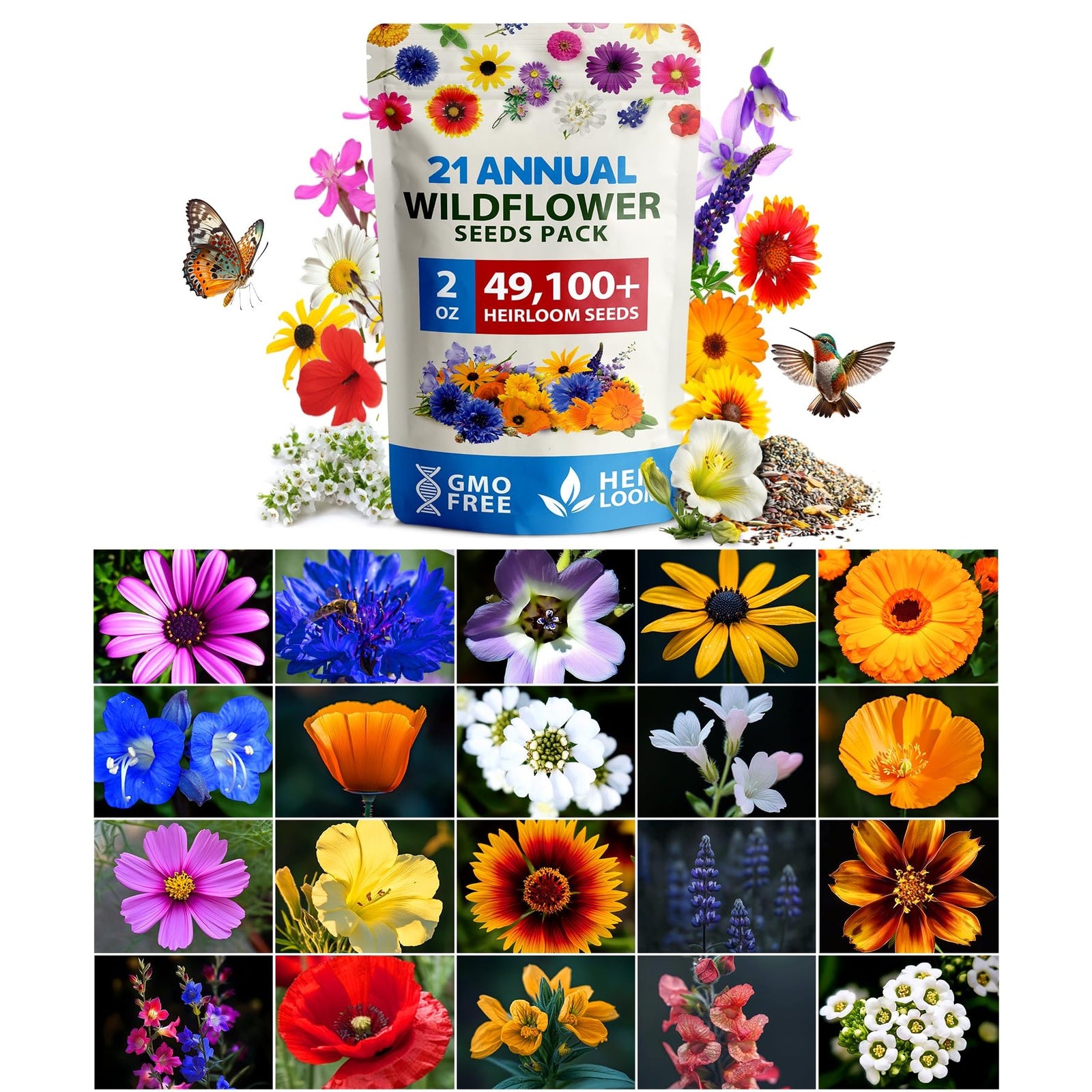 Wildflower Seed Mix - 49,100+ Seeds - Covers 250 Sq Ft