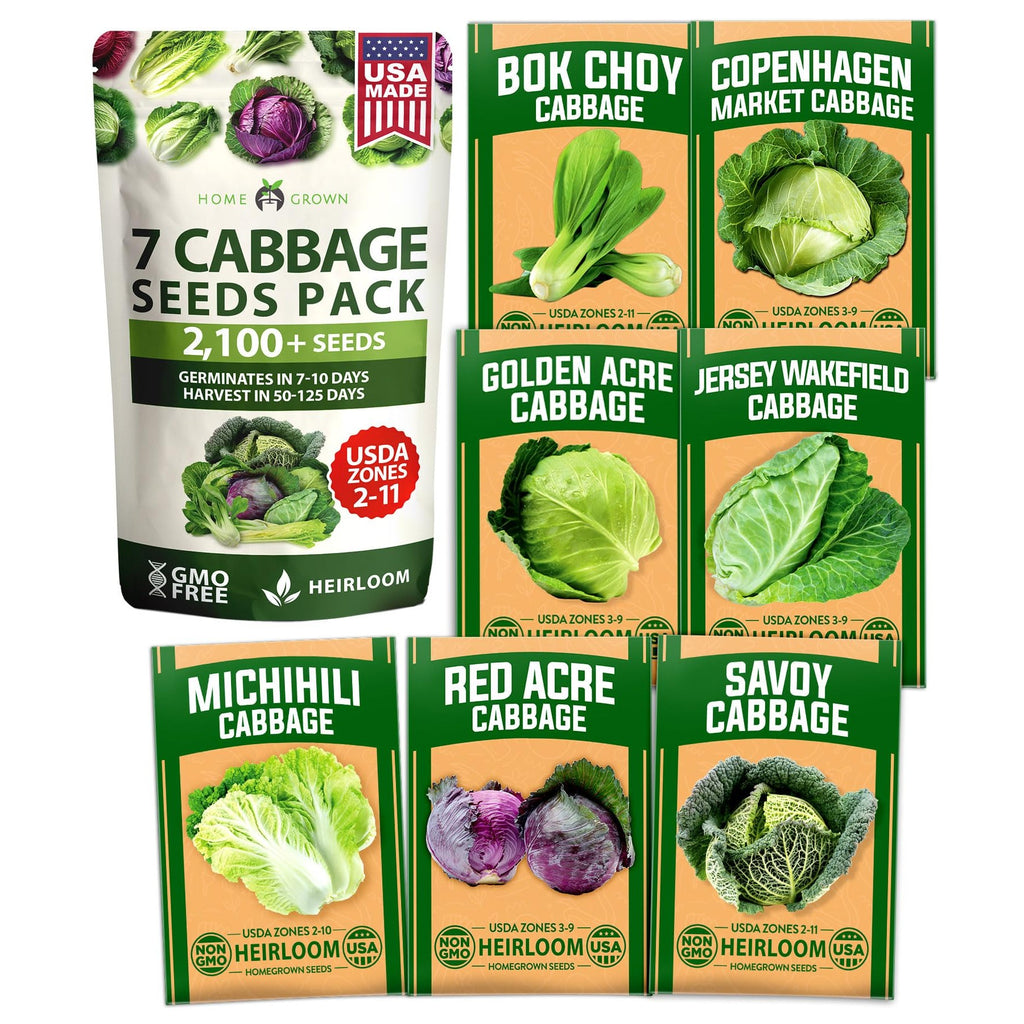 Cabbage Seed Pack - 7 Varieties (2,000+ Seeds) - Heirloom Mix