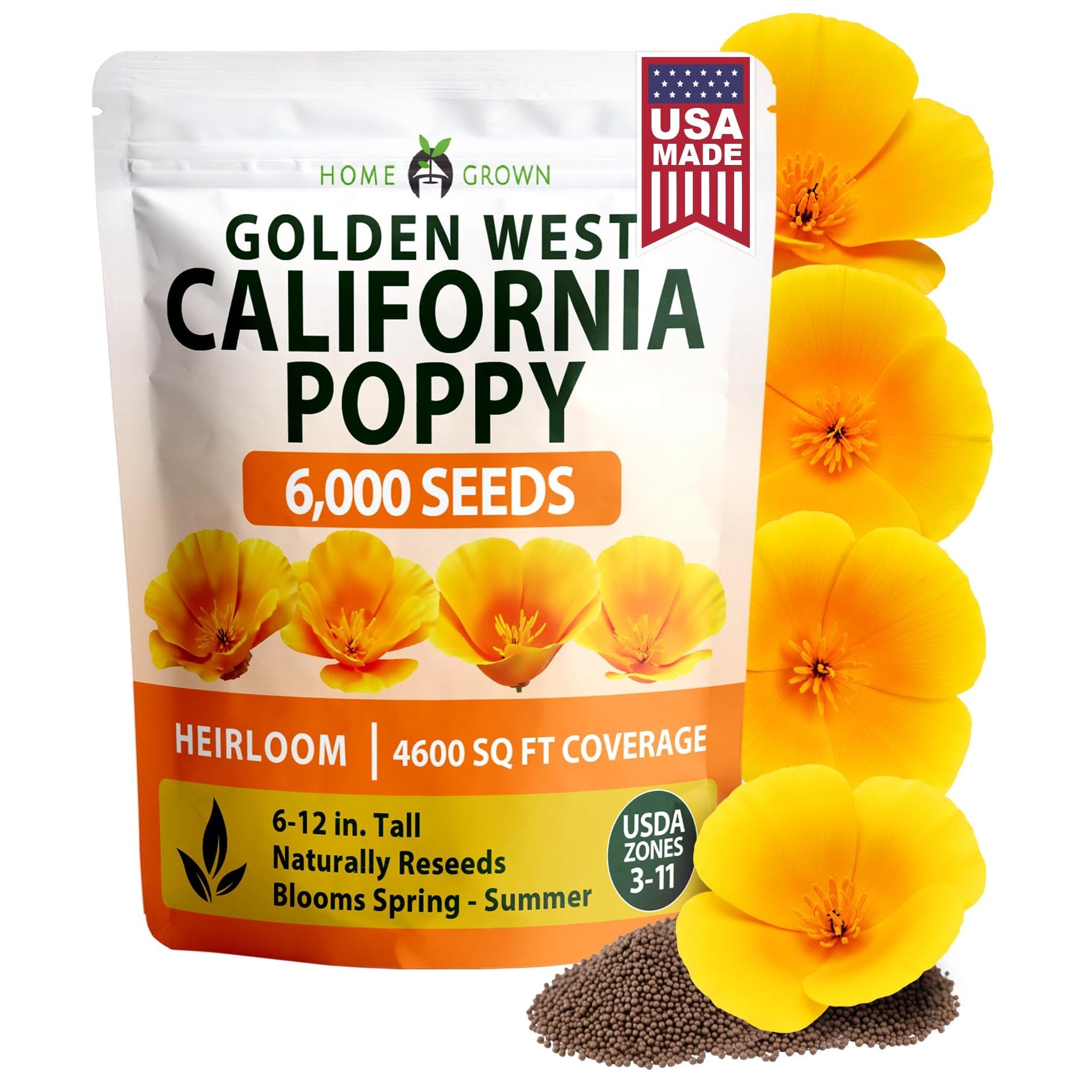 California Poppy Golden West Seeds, 6000 ct, USA Grown - Homegrown
