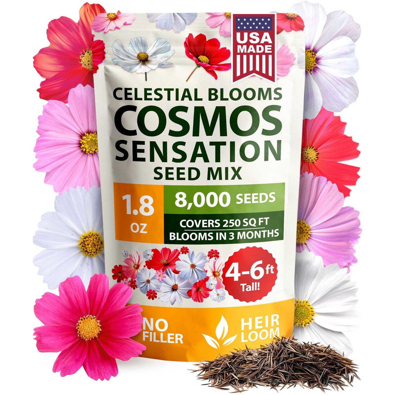 Sensation Mix Cosmos Seeds - 8,000 Seeds (1.8 oz) - Tall Annual Blooms