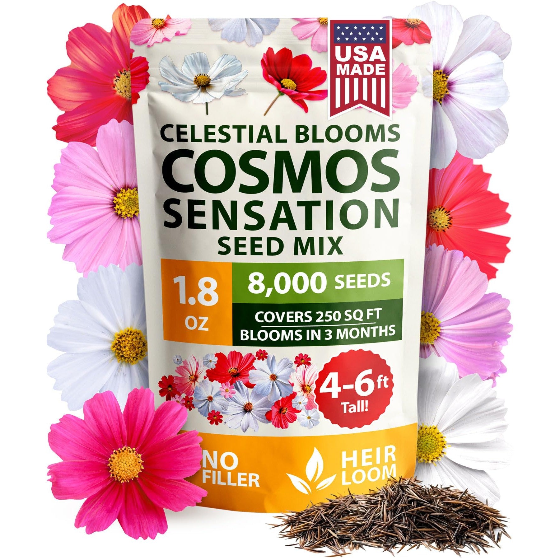 Sensation Mix Cosmos Seeds - 8,000 Seeds (1.8 oz) - Tall Annual Blooms