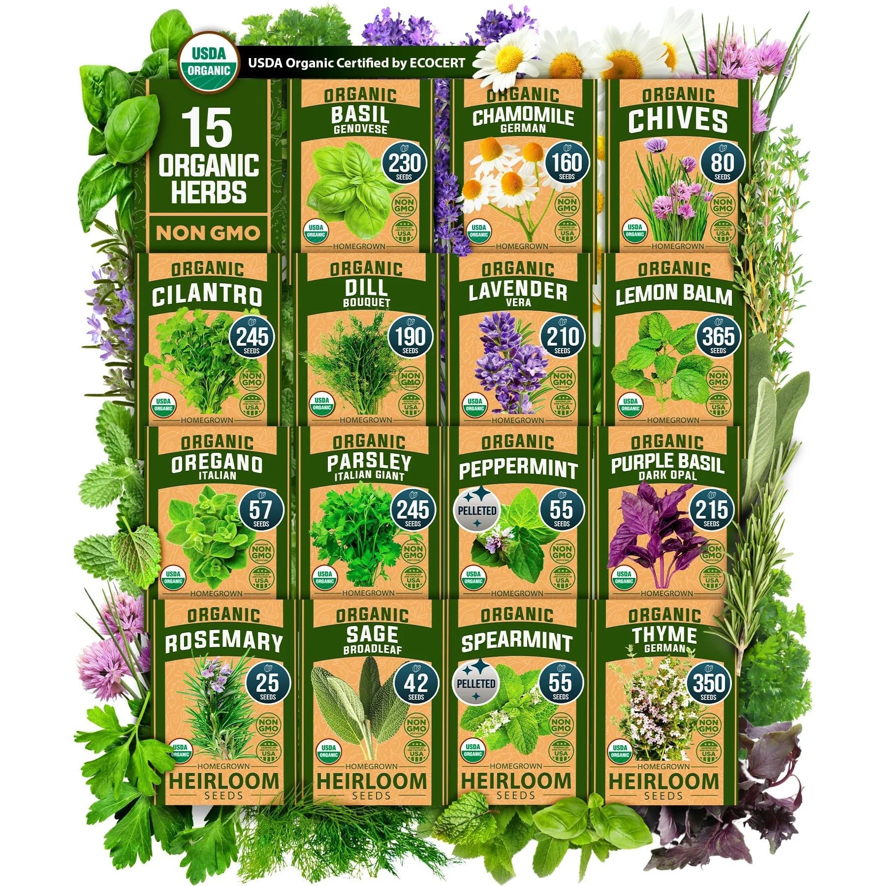 Organic Herb Seed Pack - 15 Varieties - USDA Certified