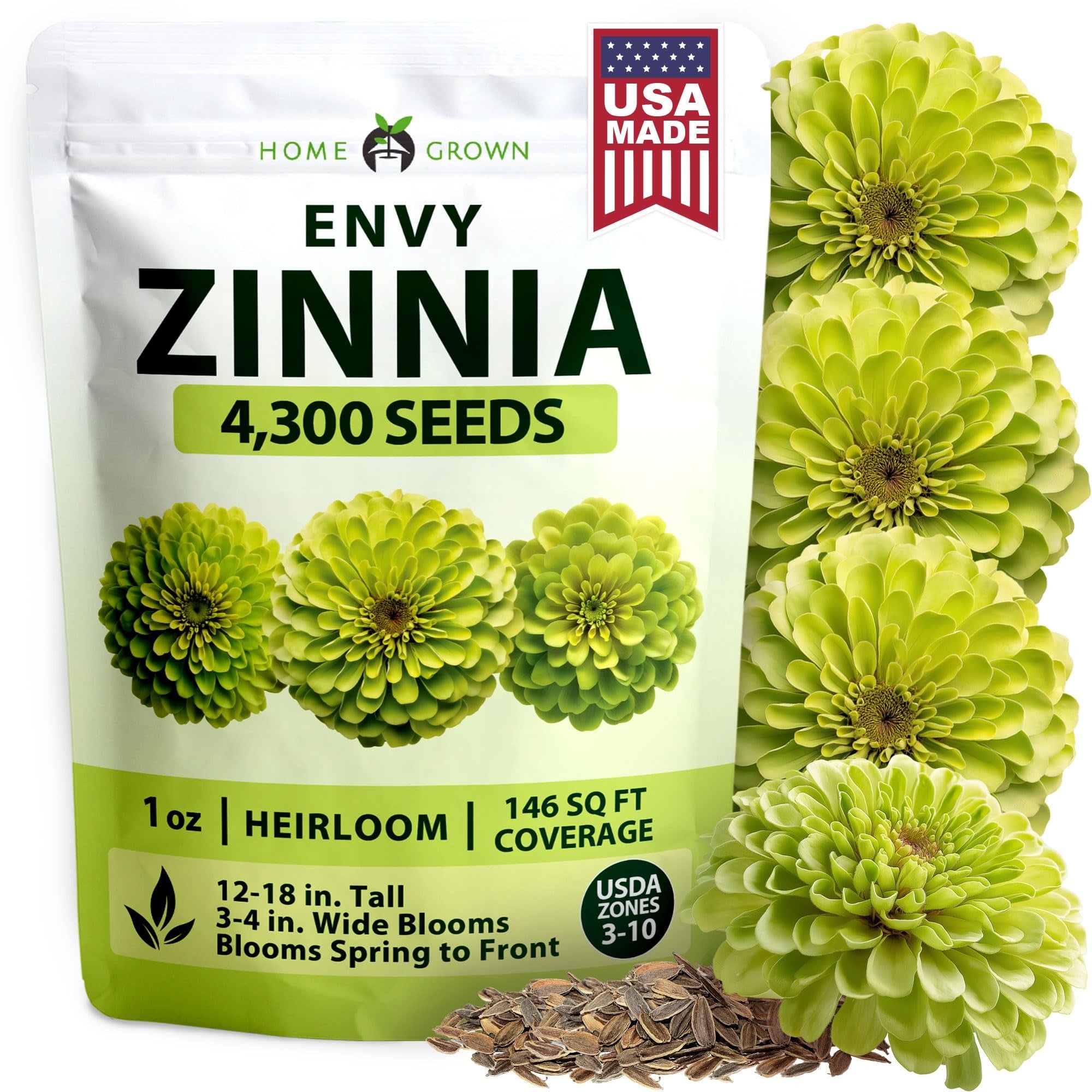 Envy Zinnia Seeds - 4,300 Seeds (1 oz) - Rare Lime-Green Blooms