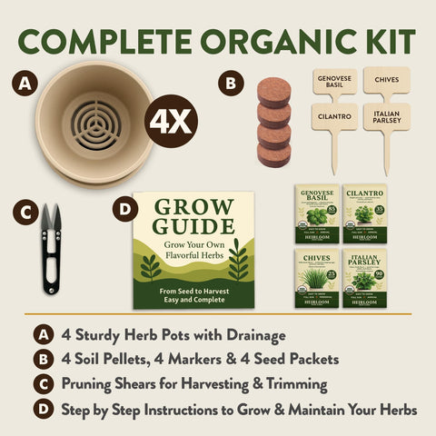 Organic Indoor Herb Garden Kit - 4 Herb Varieties - With Pots & Soil