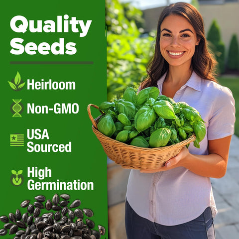 Genovese Basil Seeds Kit – 1,750 Non-GMO Heirloom Seeds with Pots & Soil for Indoor/Outdoor Growing