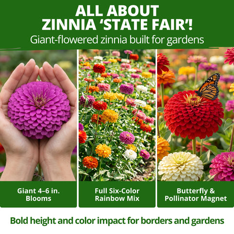 HOME GROWN State Fair Zinnia Seeds – 1,000 Zinnia elegans Seeds (7.5g), Large Double Blooms, Pollinator Friendly, Beds & Borders, Spring 2026