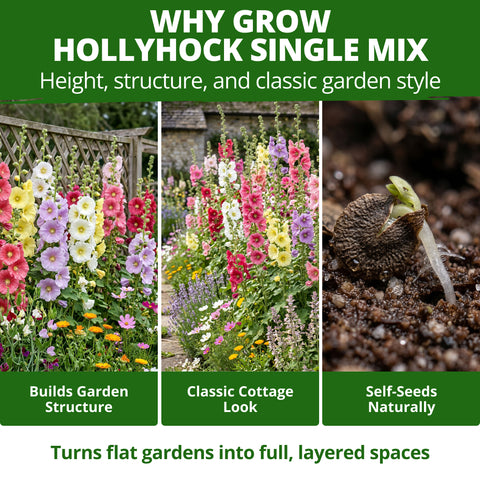HOME GROWN Hollyhock Single Mix Planting Seeds 2026 29g 1oz 3000 Seeds Open Pollinated Flower Seed Heirloom Non GMO Deer Resistant Self Seeding Zones 3 9