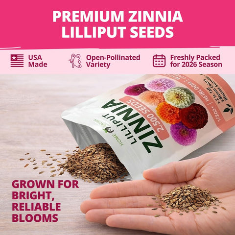 Lilliput Mix Zinnia Seeds - 2,500 Seeds (1/2oz) - Petite Pompom Blooms
