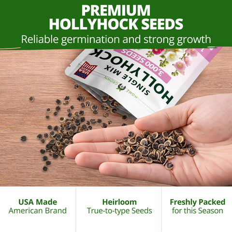 HOME GROWN Hollyhock Single Mix Planting Seeds 2026 29g 1oz 3000 Seeds Open Pollinated Flower Seed Heirloom Non GMO Deer Resistant Self Seeding Zones 3 9