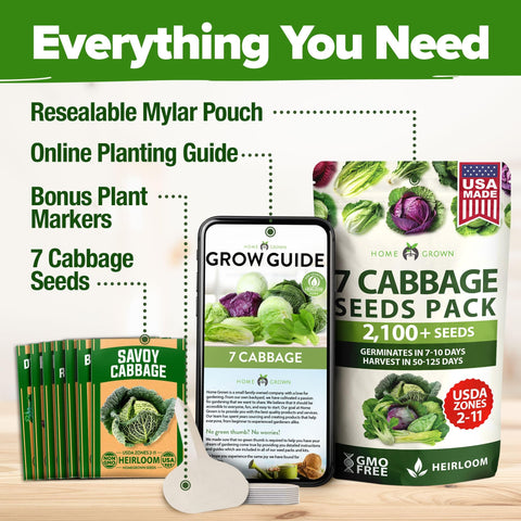 Cabbage Seed Pack - 7 Varieties (2,000+ Seeds) - Heirloom Mix