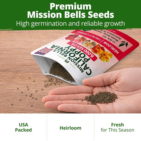 Mission Bells California Poppy Seeds - 6,000 Seeds (9g) - Drought-Tolerant