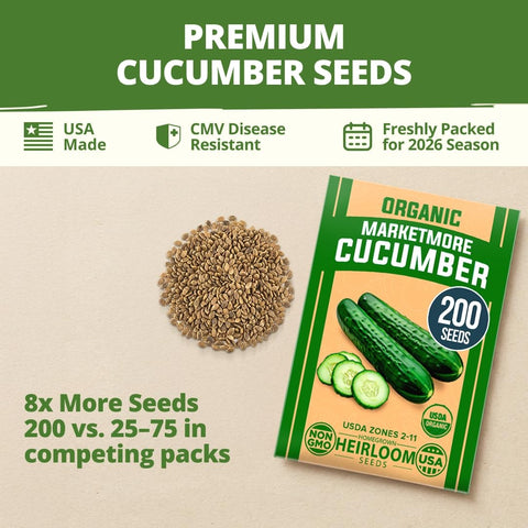 Organic Marketmore Cucumber Seeds - 200 Seeds - Crisp Heirloom Slicer