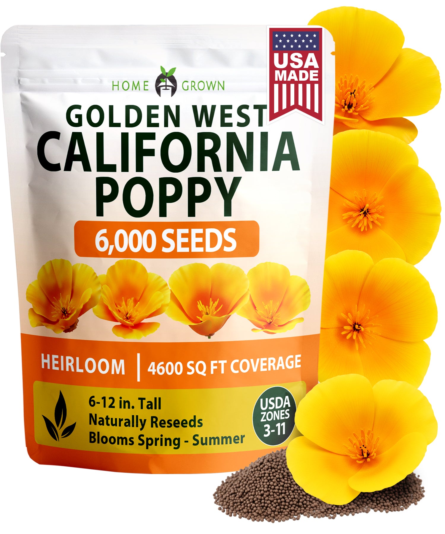 HOME GROWN California Poppy Golden West Seeds – 6000 Seeds for Spring 2026, Easy Grow Outdoor Flower Seeds, Eschscholzia californica