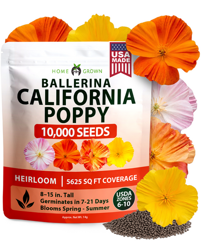 California Poppy Seeds (Eschscholzia Californica) Ballerina Mix - 10,000 Non-GMO Heirloom Seeds, Orange Pink Red Rose & Cream, Drought-Tolerant