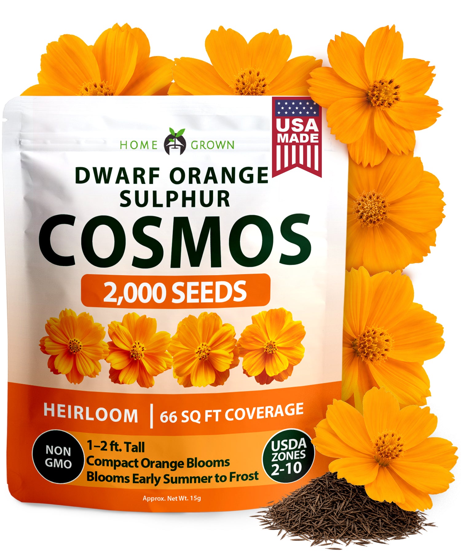 HOME GROWN Dwarf Orange Sulphur Cosmos Seeds (Cosmos sulphureus) – 2,000 Heirloom Non-GMO Flower Seeds (15g), Compact Orange & Yellow Blooms, Heat & Drought Tolerant, Pollinator-Friendly for Spring 2026 Planting