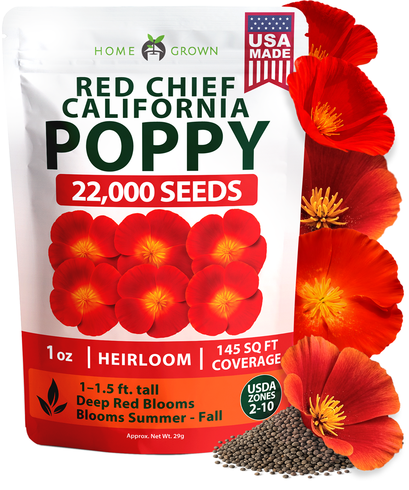 HOME GROWN California Poppy Seeds for Planting Red Chief 22 000 Seeds 29g Red Blooms Heirloom Non GMO Wildflower Pollinator Gardens Drought Tolerant Zones 2 10 Eschscholzia californica