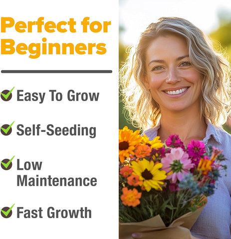 Wildflower Seed Mix (21 Varieties, 49,100+ Seeds, Covers 250 Sq Ft) – Non-GMO Pollinator Blend
