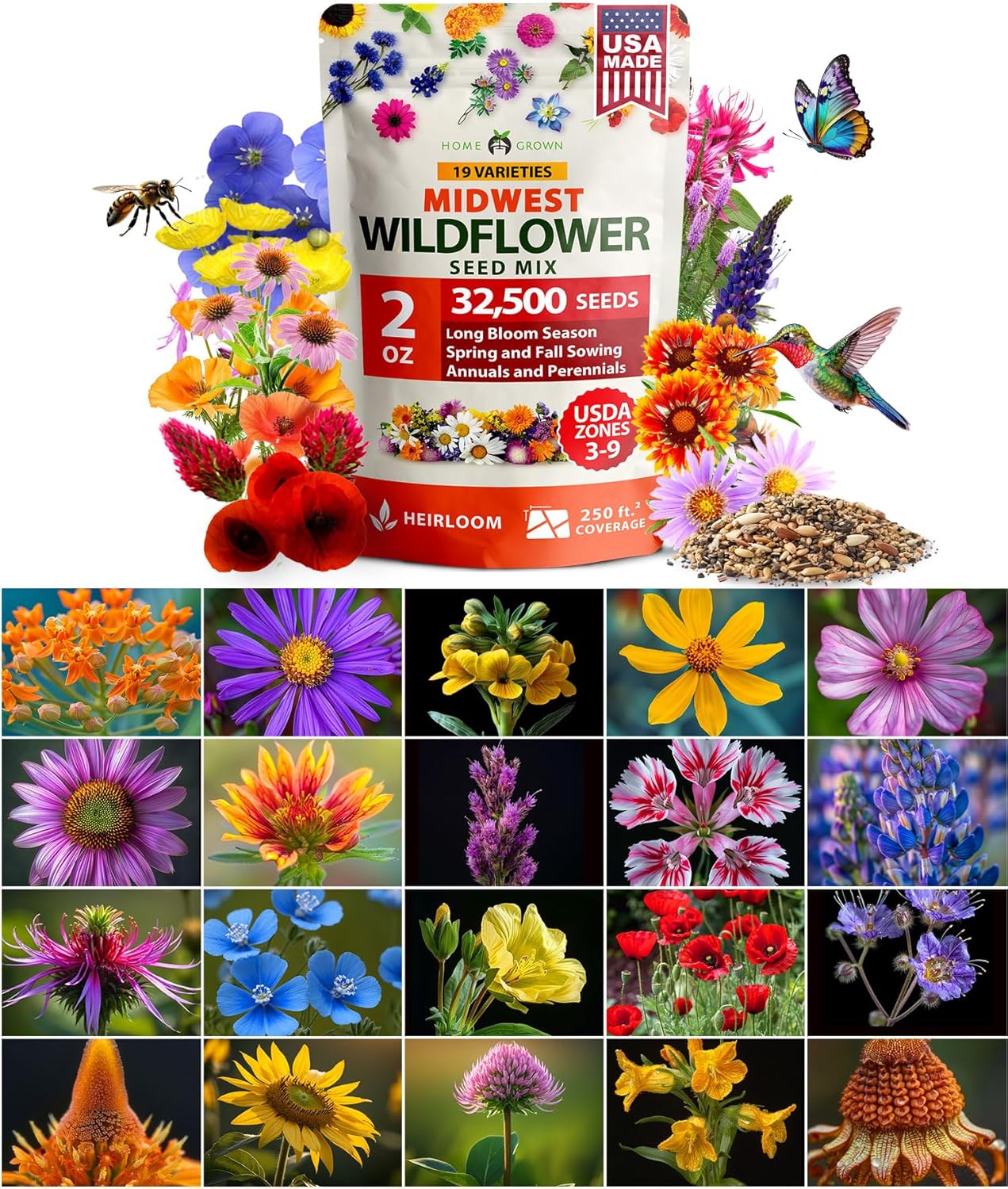 Midwest Native Wildflower Seed Mix (32,500+ Seeds, 2oz) – 15-Variety Non-GMO Perennial & Annual Blend for Pollinators & Natural Landscapes